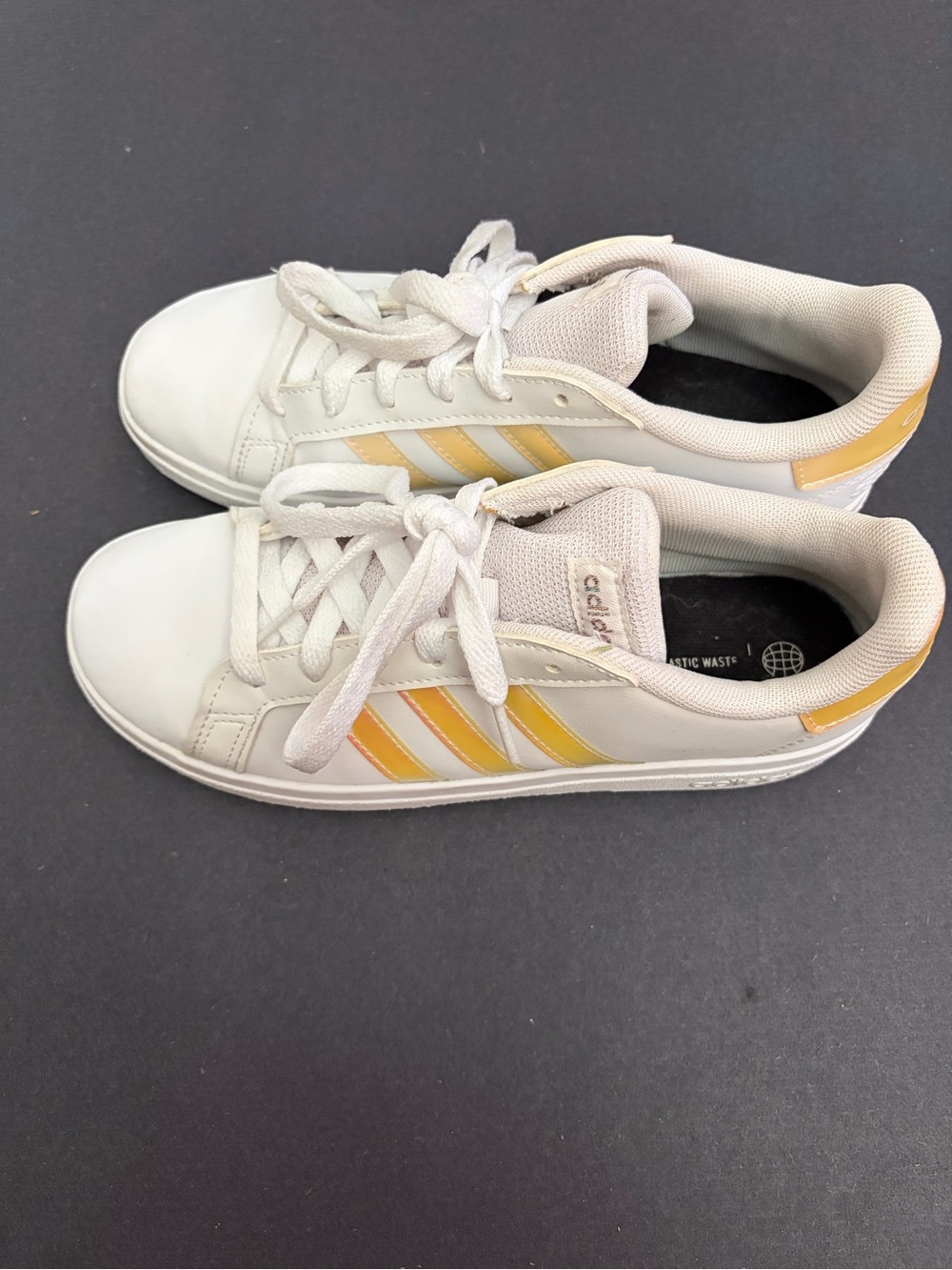 adidas White Sneakers with Iridescent Yellow Accent Stripes - Picture 2 of 7